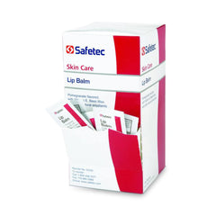 Bálsamo labial de Safetec en empaque individual de aluminio, ideal para viaje y humectación diaria.