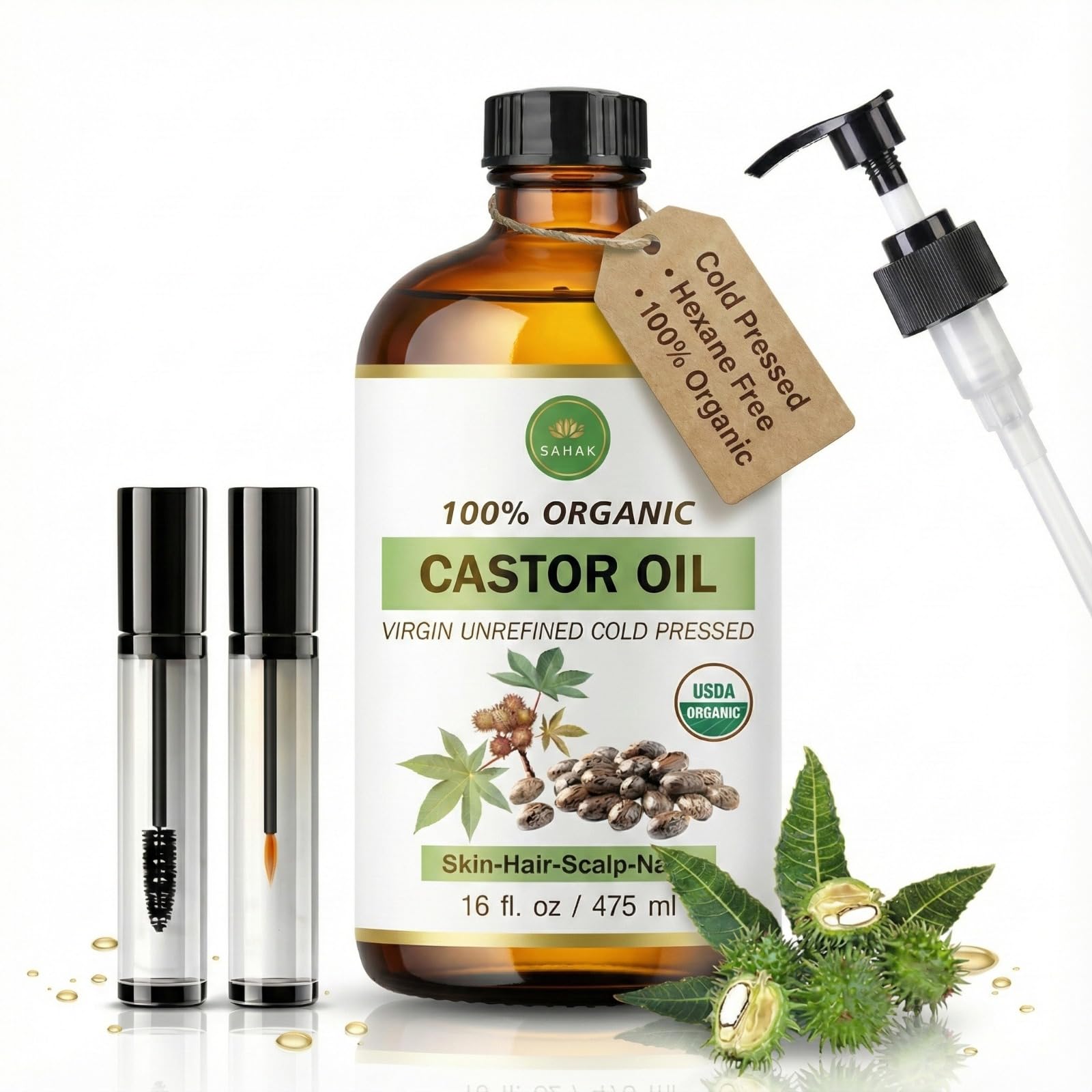 SAHAK castor oil bottle with pump for mess-free application and lasting moisture.