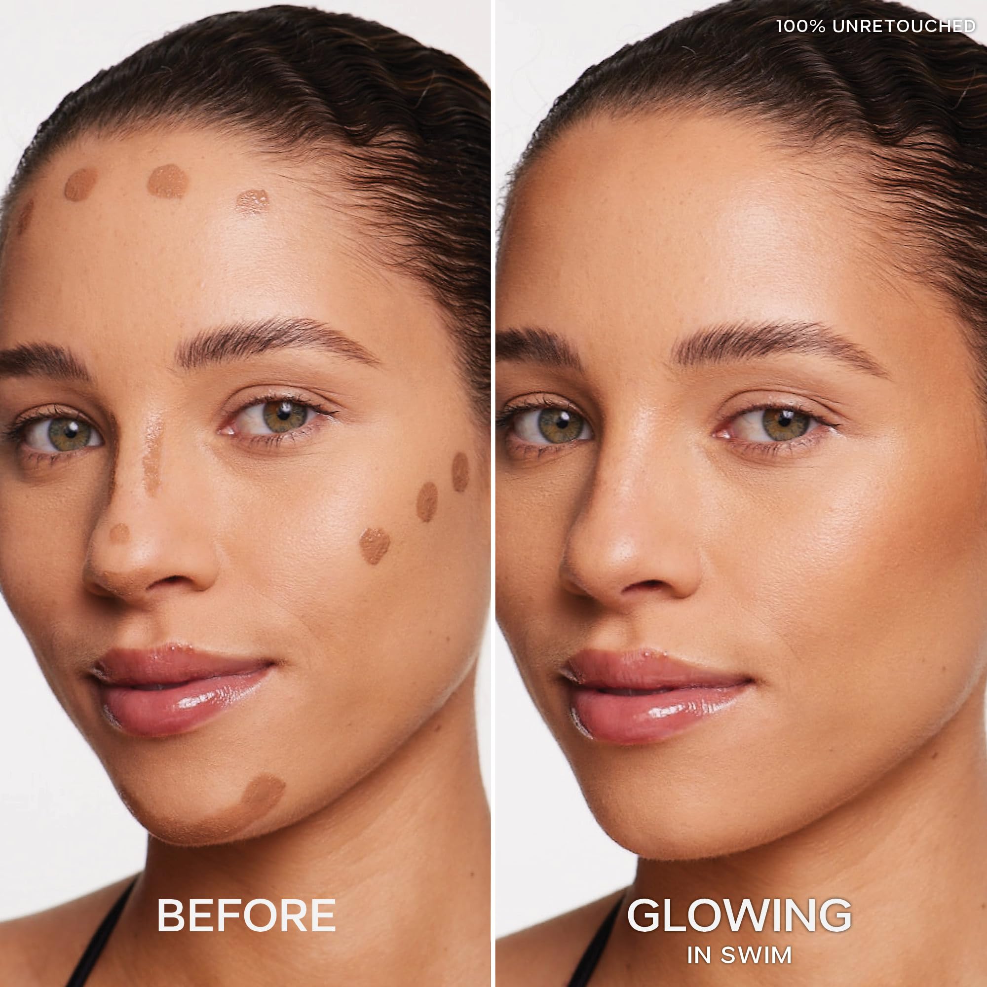 Bronceado sutil de Saie Dew Bronze para un acabado luminoso y natural.