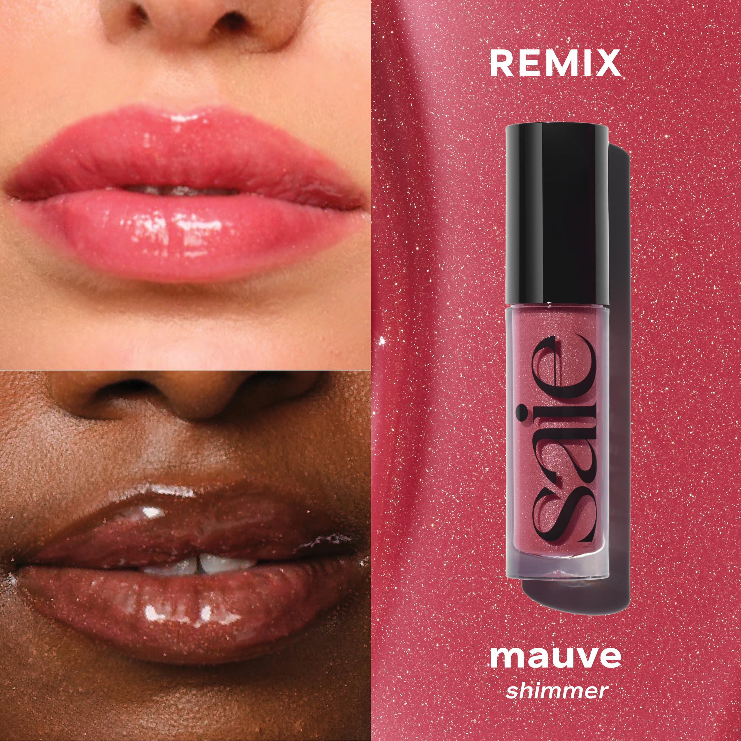 Saie GlossyBounce lip swatch in a rose shade.