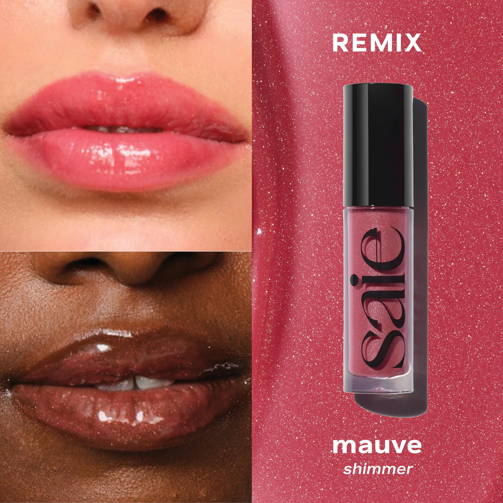 Saie GlossyBounce lip swatch in a rose shade.
