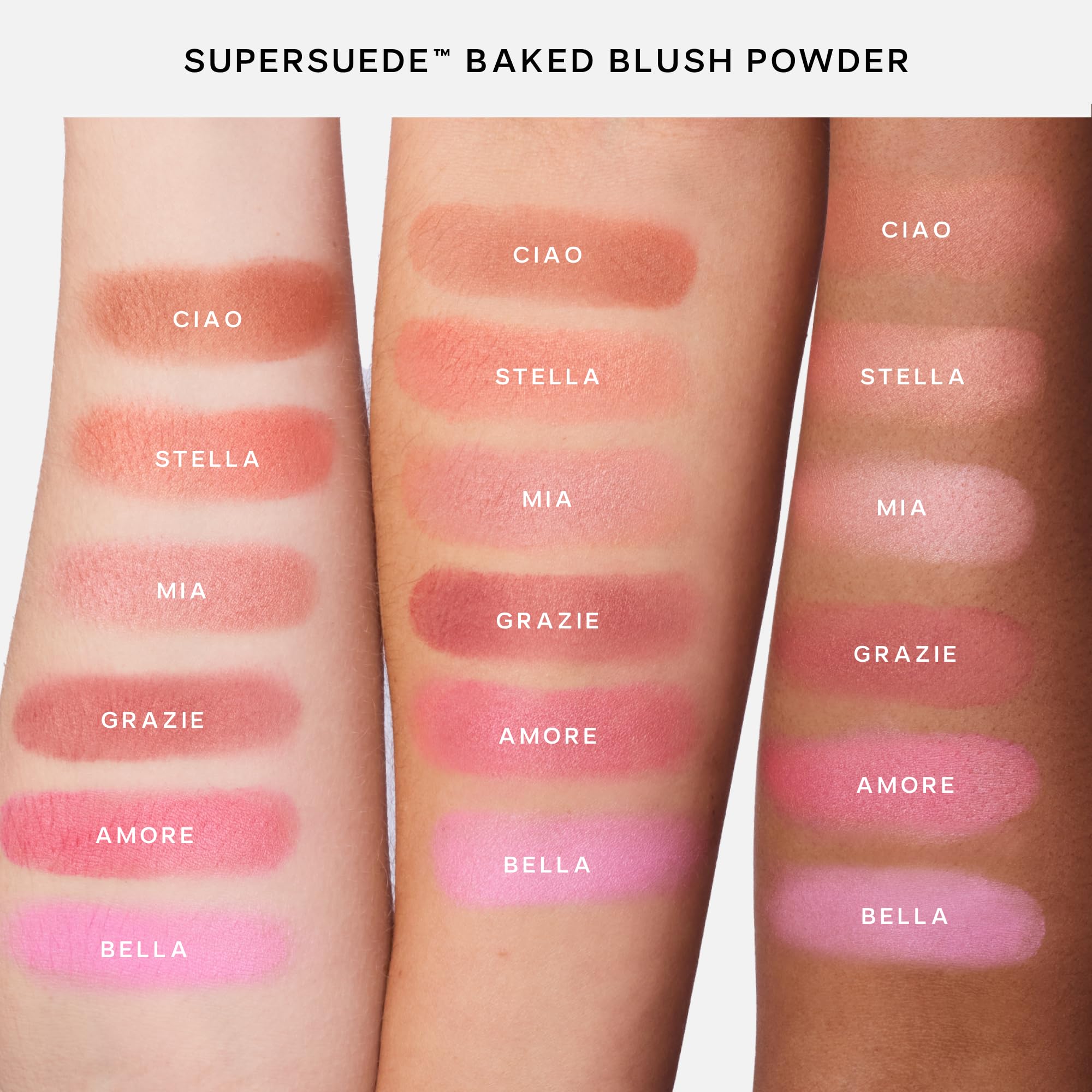 Saie SuperSuede Baked Blush acabado natural con brillo sutil.