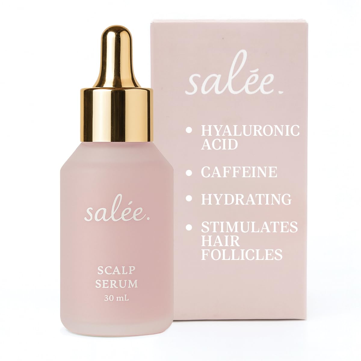 Salee Serum seco para cuero cabelludo, botella visible para hidratación suave.
