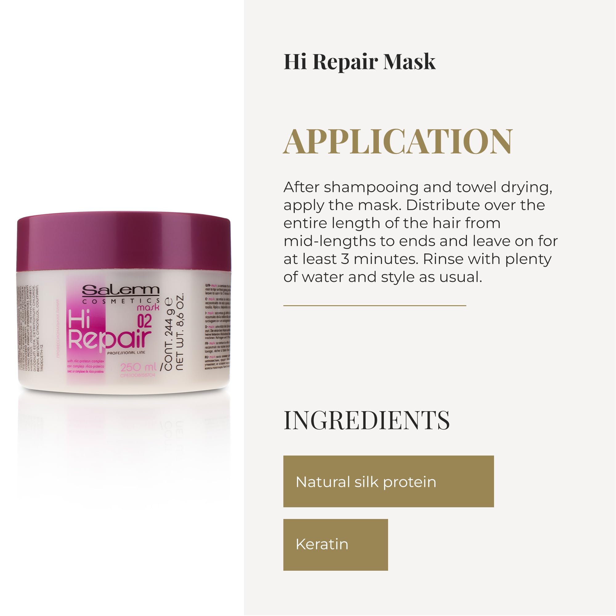 SALERM Hi Repair Masque: application sur mi-longueur pour revitaliser les longueurs.