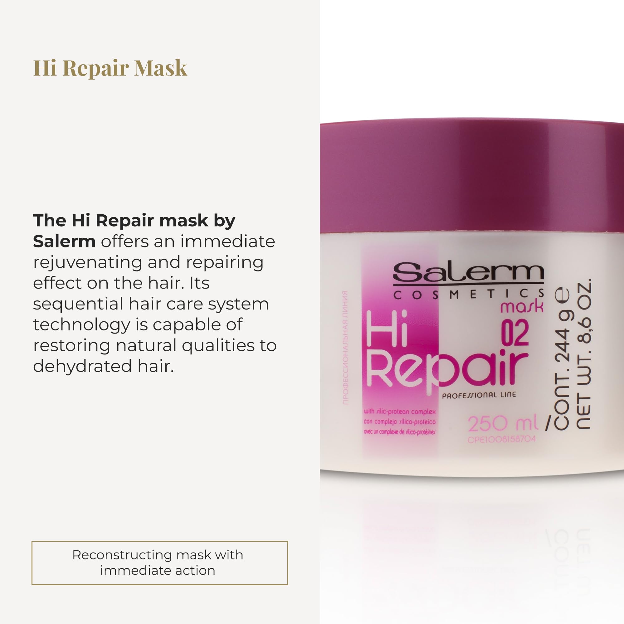 SALERM Hi Repair Masque: étiquette du produit, soin ciblé pour réparation des longueurs.