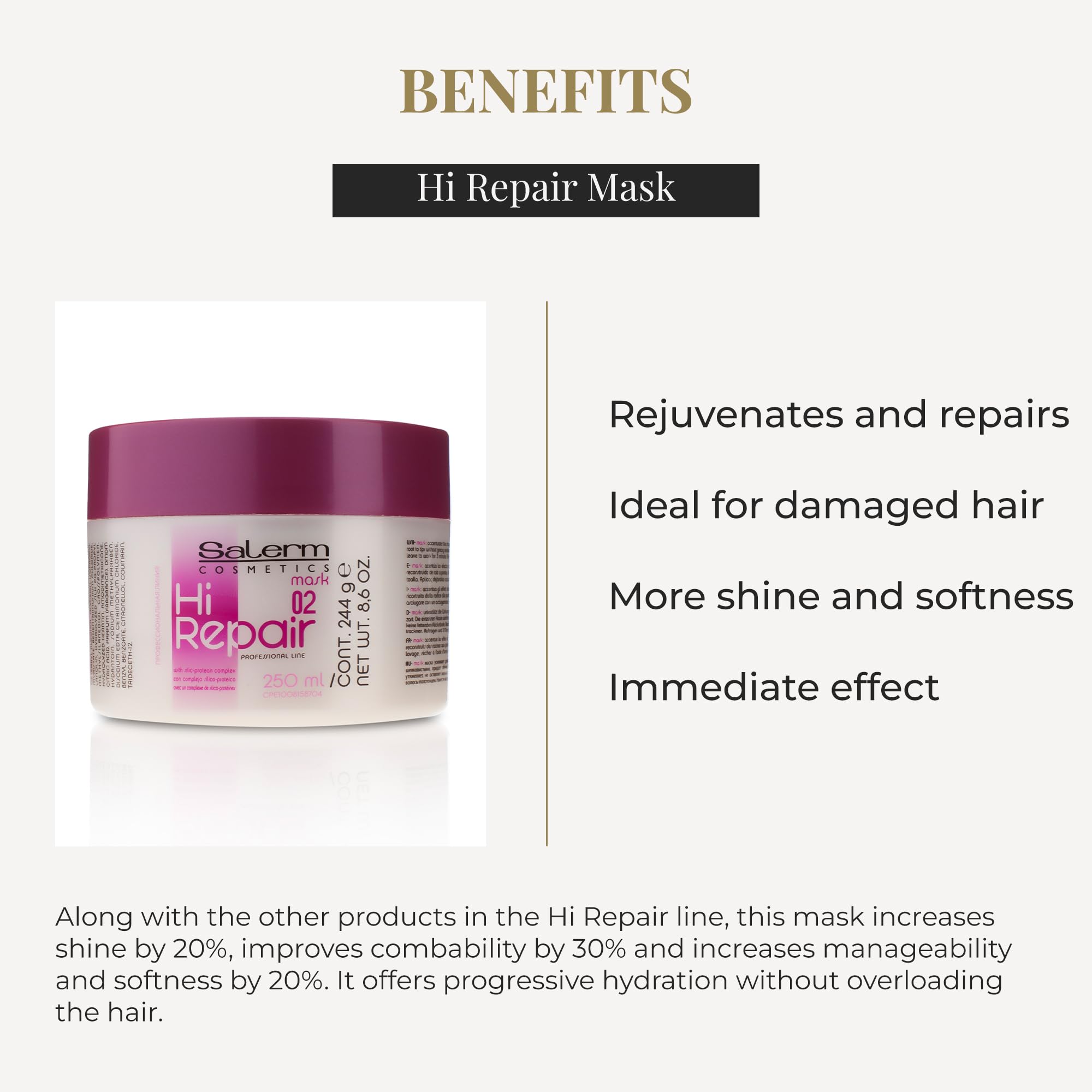 SALERM Hi Repair Masque: texture crèmeuse prête à être appliquée sur les longueurs.