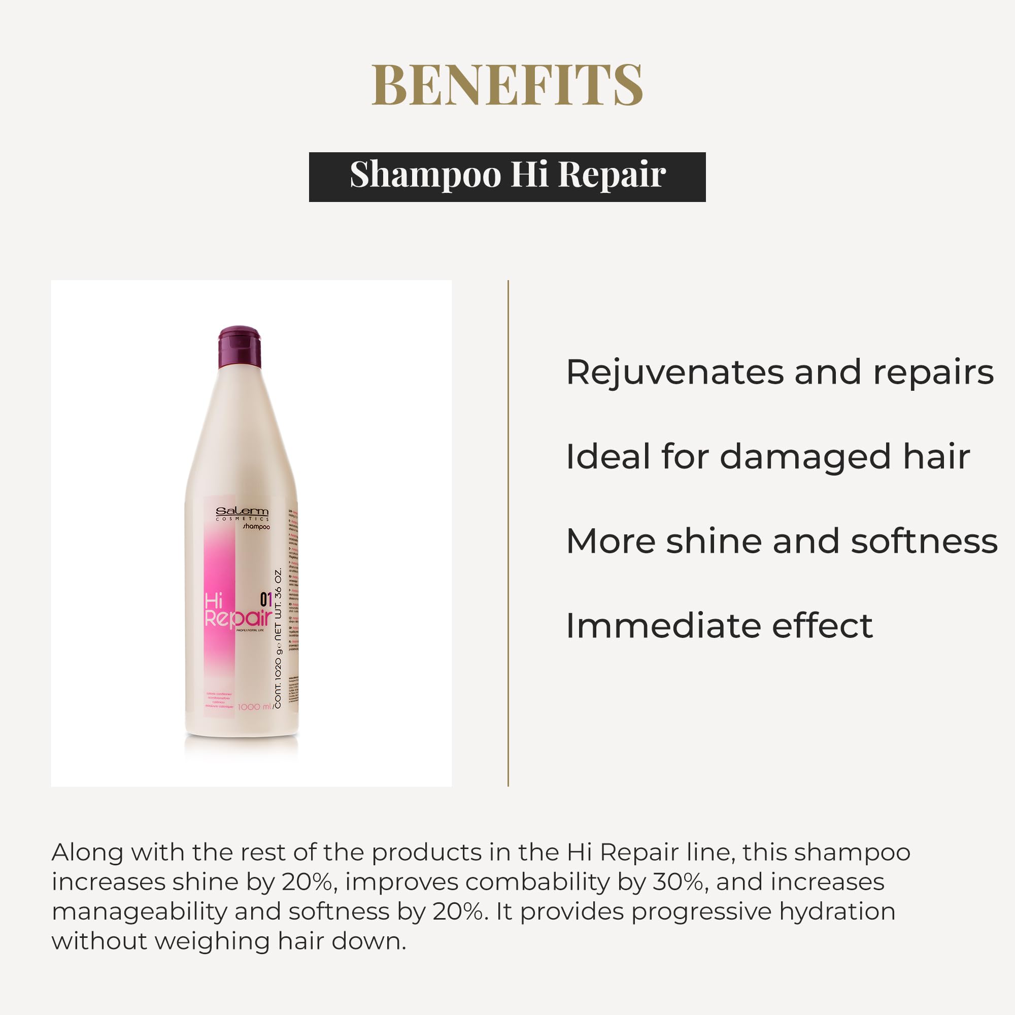 Salerm Hi Repair Shampoo: aplicación en cabello mojado para una limpieza suave.