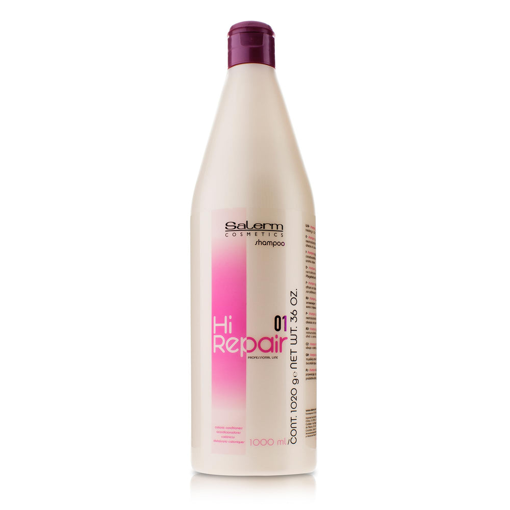 Salerm Hi Repair Shampoo: botella frontal para reparación capilar y uso diario.