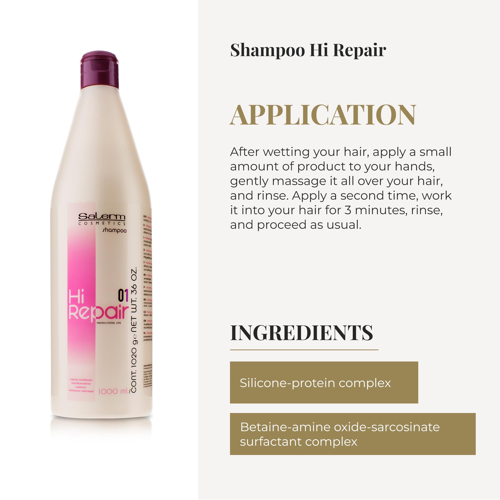 Salerm Hi Repair Shampoo: espuma rica que facilita el lavado y enjuague.
