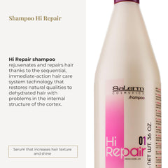 Salerm Hi Repair Shampoo: textura cremosa lista para aplicar en cabello dañado.