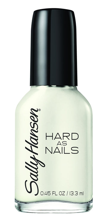 Sally Hansen Hard As Nails Color, acercamiento a la botella, esmalte con brillo y protección contra astillado.