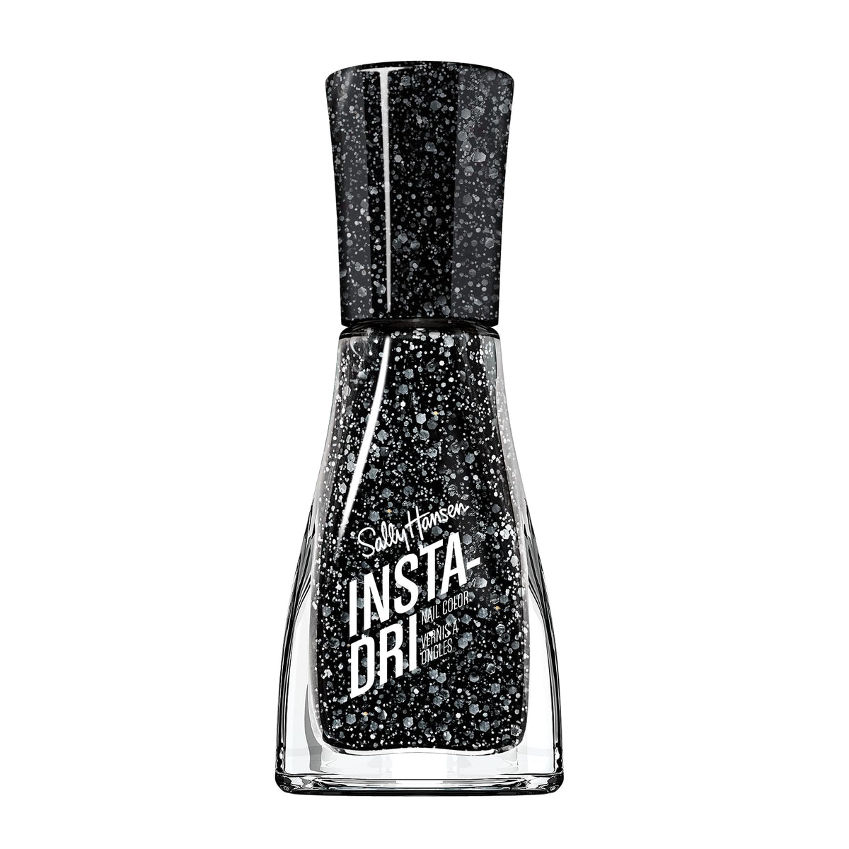Esmalte Sally Hansen Insta-Dri negro con brillo blanco para uñas llamativas