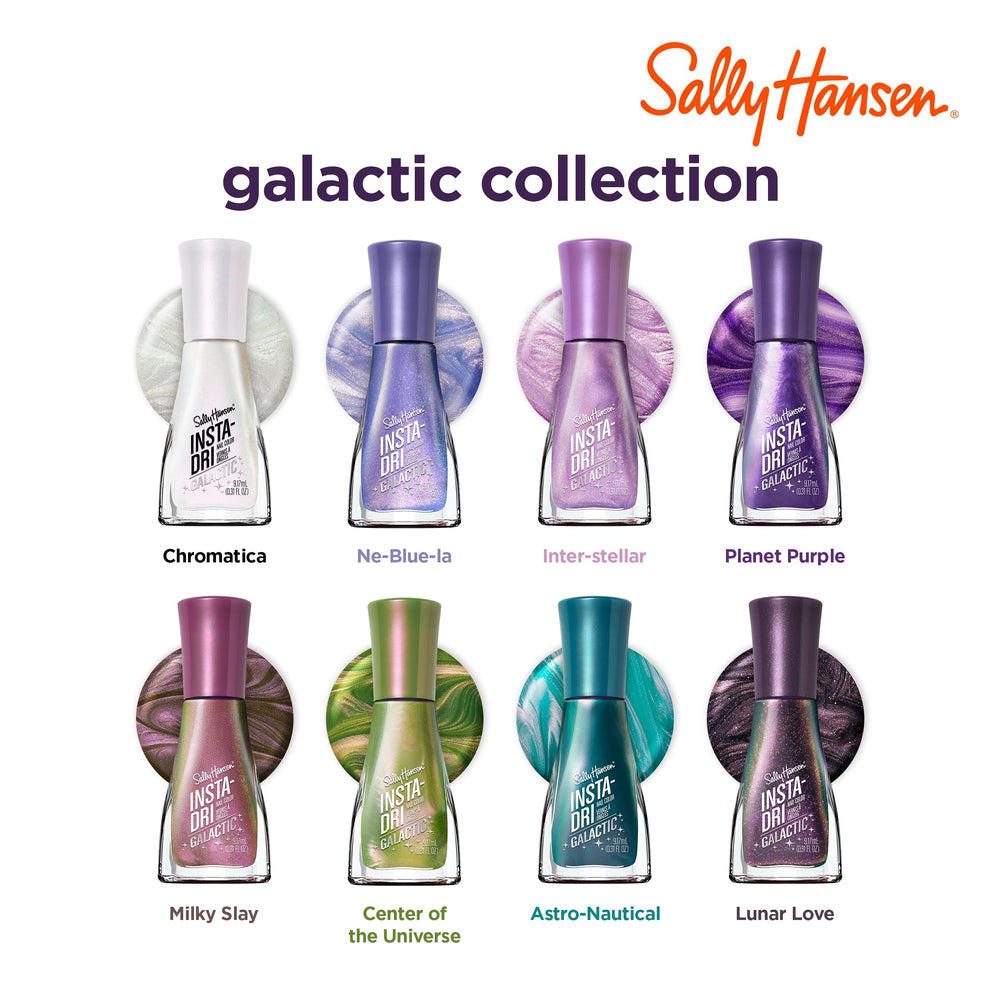 Sally Hansen Insta-Dri Galactic, amplia variedad de tonos con acabado holográfico.