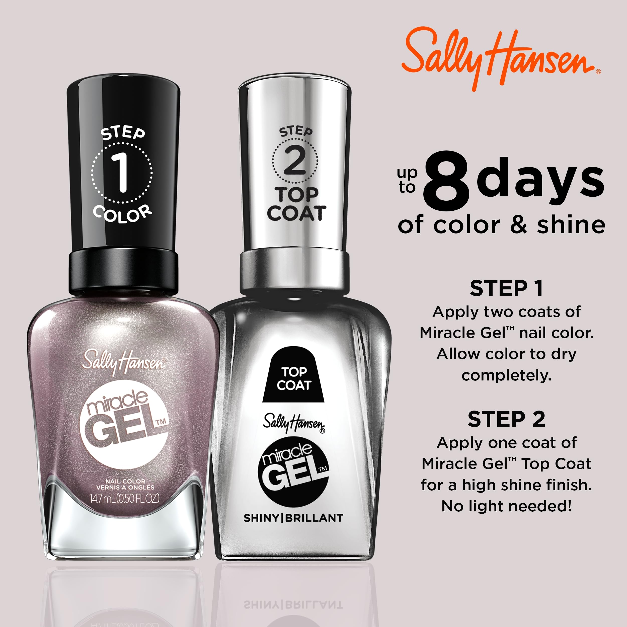 Acabado gel brillante y duradero para uñas con Sally Hansen Miracle Gel Adrenaline Crush.