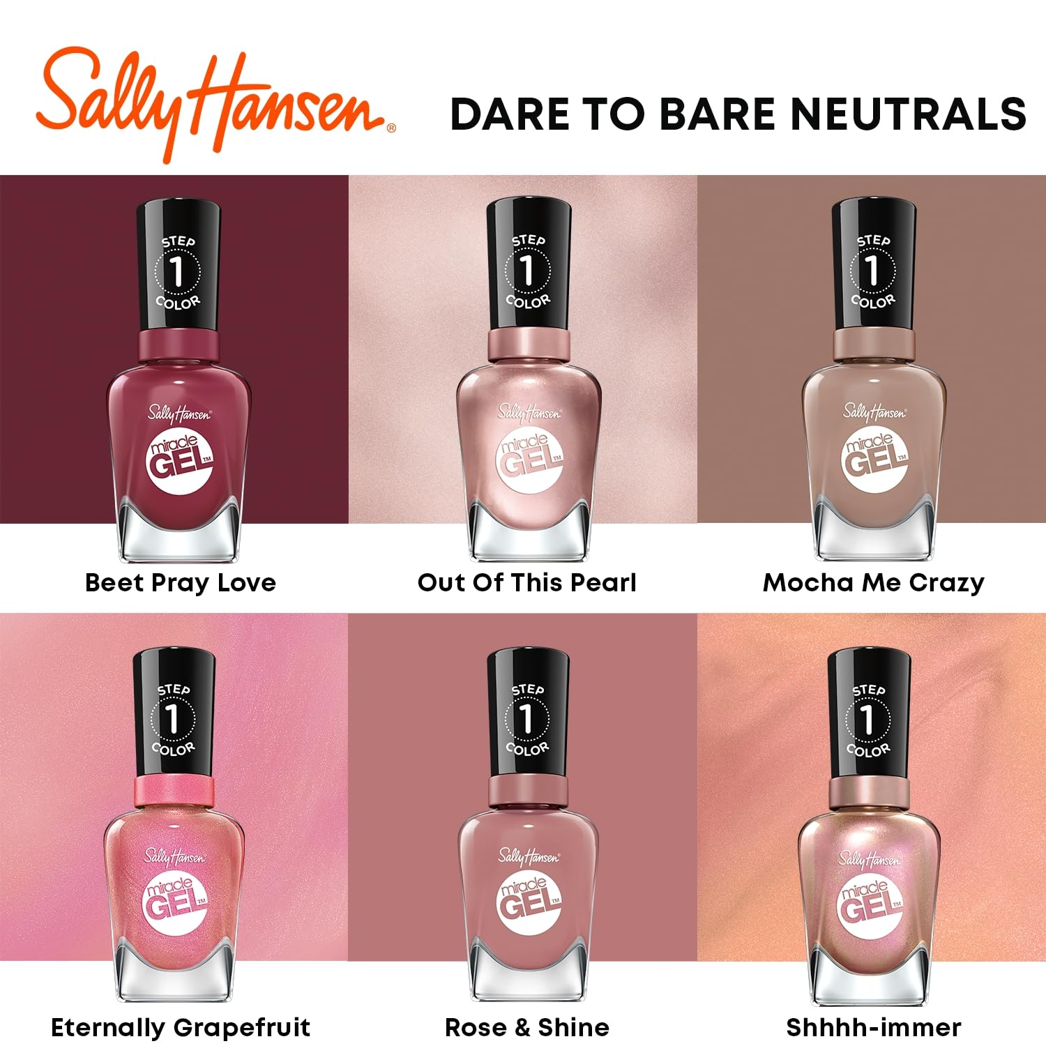 Sally Hansen Miracle Gel: empaque y botella para colección de esmaltes gel.