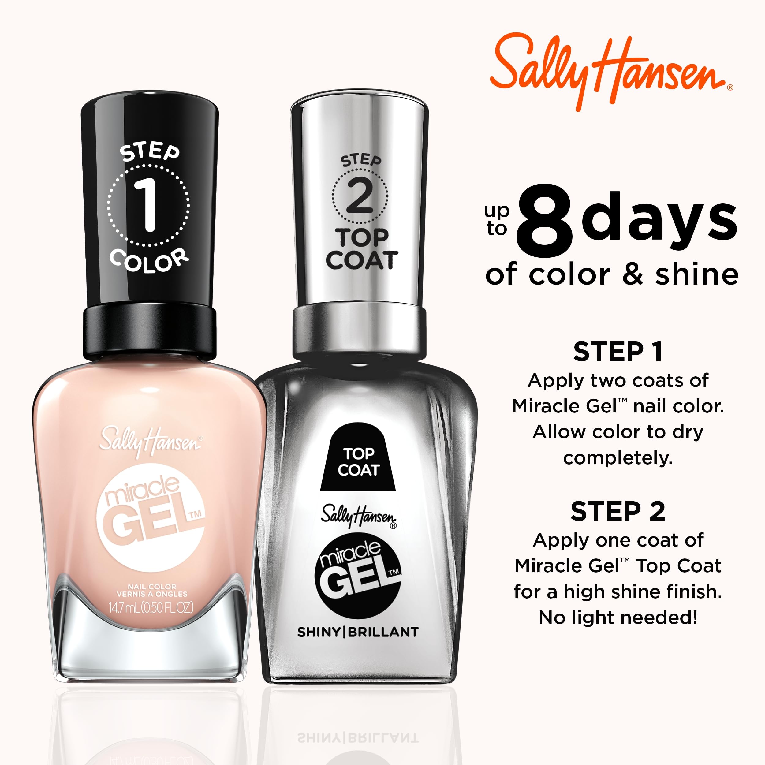 Sally Hansen Miracle Gel fórmula resistente a astillado para mayor durabilidad.