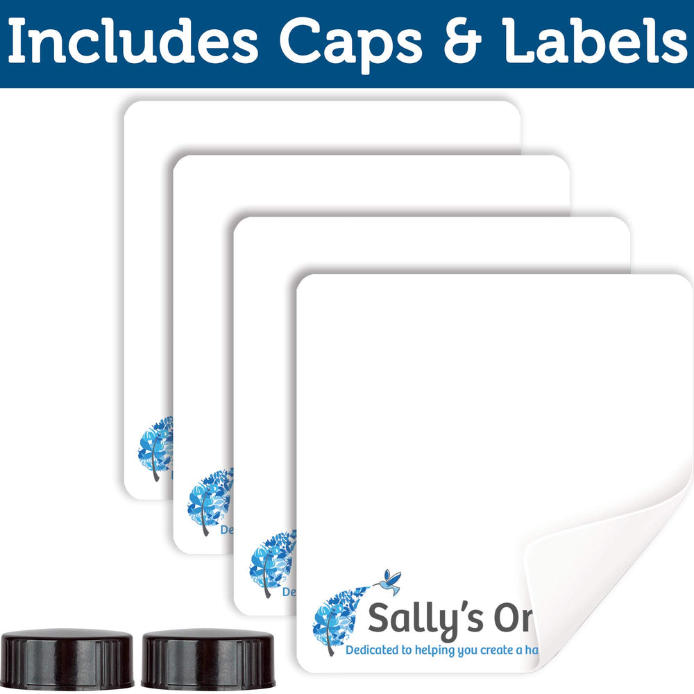 Capuchons et étiquettes inclus pour une organisation facile des liquides.