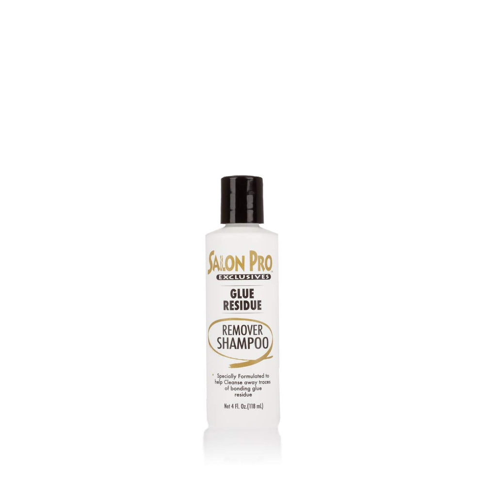 SalonPro champú removedor de residuos de pegamento, envase delantero, brillo natural potencializado.