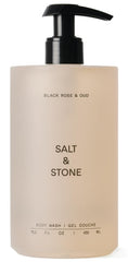 Gel douche Salt & Stone Noir Rose et Oud, bouteille élégante, parfum sensuel pour peau hydratée.
