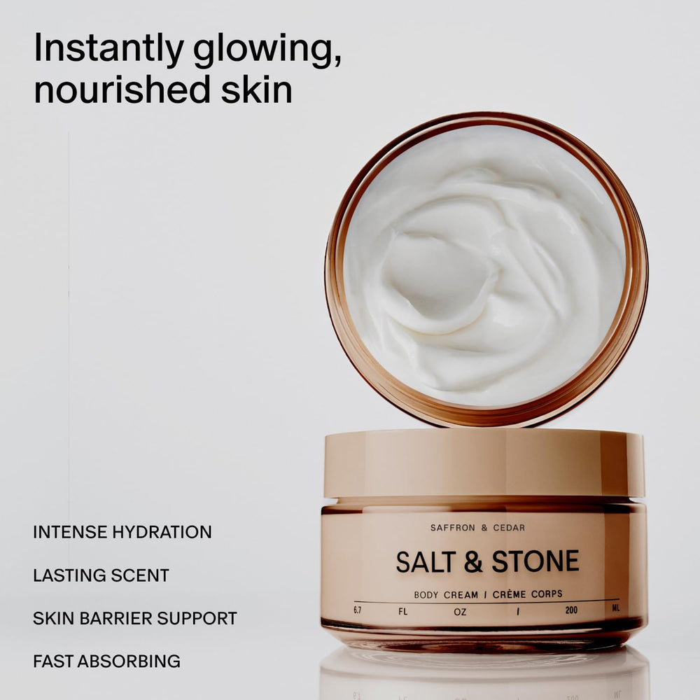 Salt & Stone crema azafrán-cedro, absorción rápida para comodidad diaria.