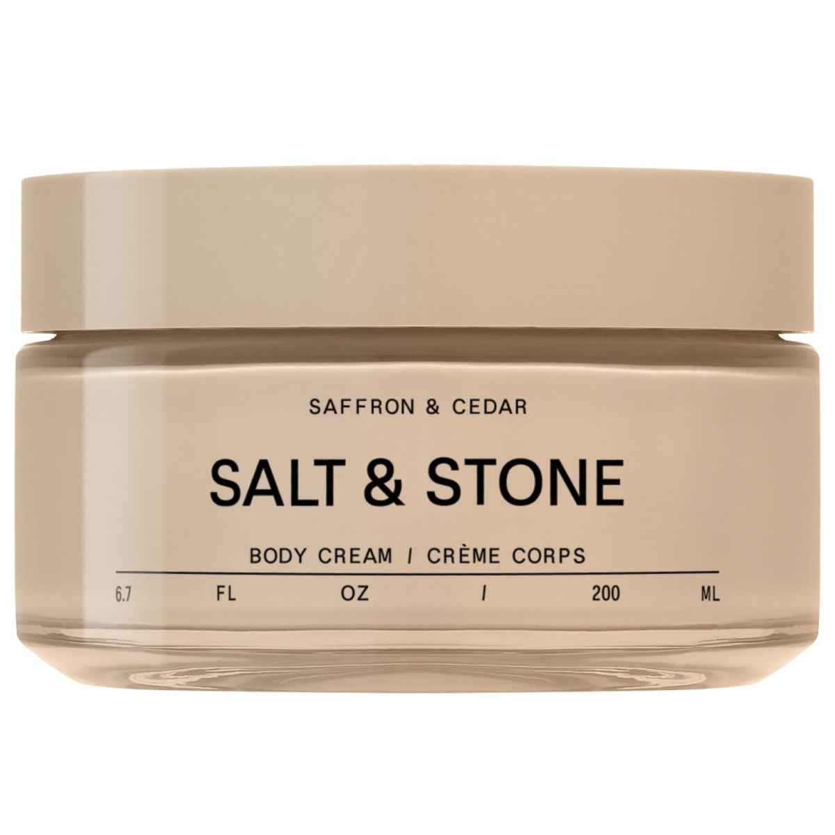 Salt & Stone crema corporal azafrán-cedro, textura sedosa para piel suave e hidratada.