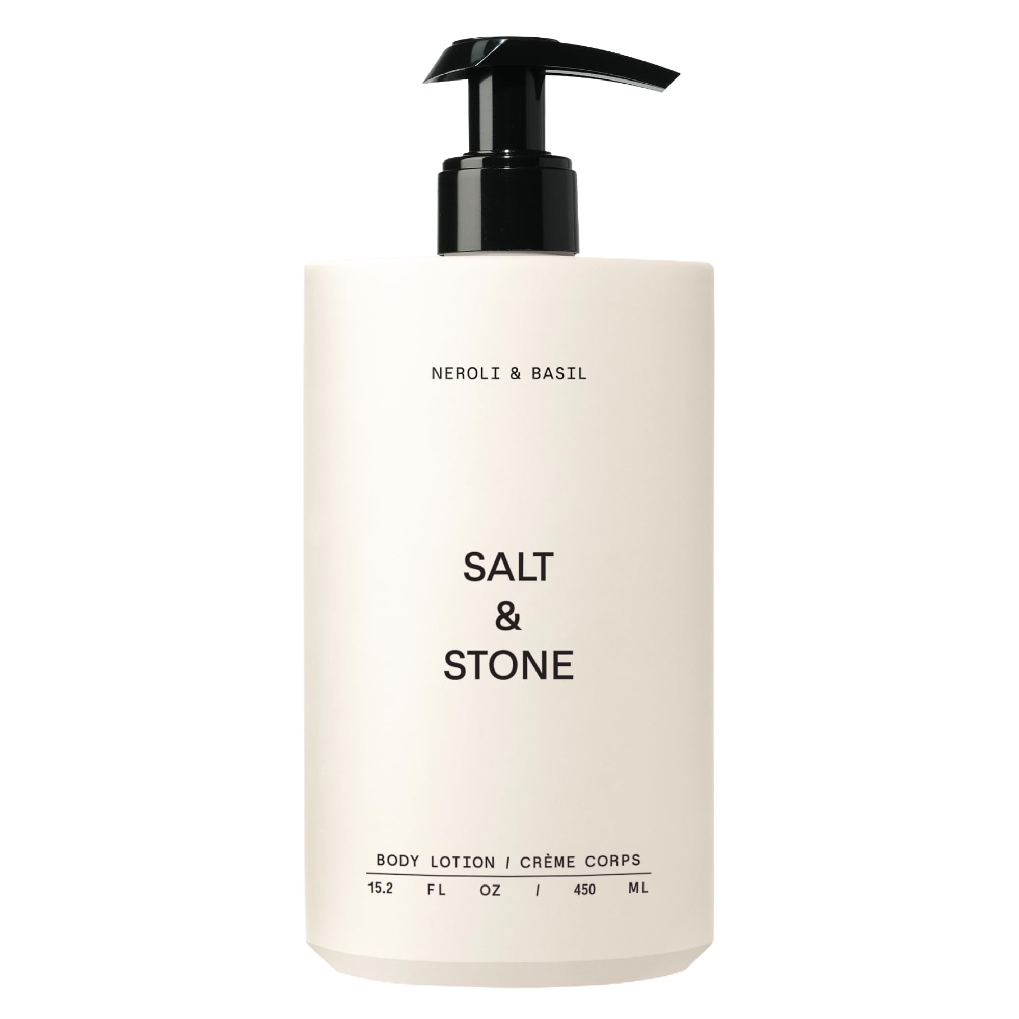 Salt & Stone crema corporal Neroli Albahaca en botella para hidratación diaria.