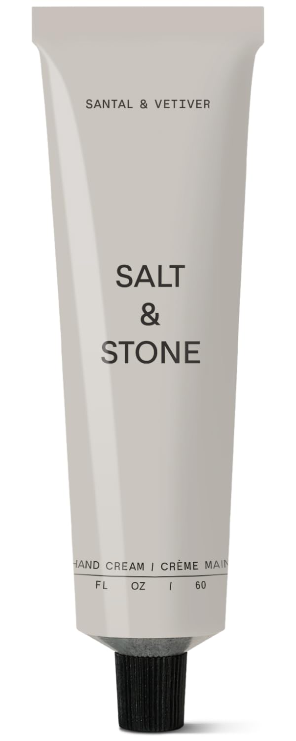 Salt & Stone crema de manos Santal Vetiver en envase, hidratación duradera.