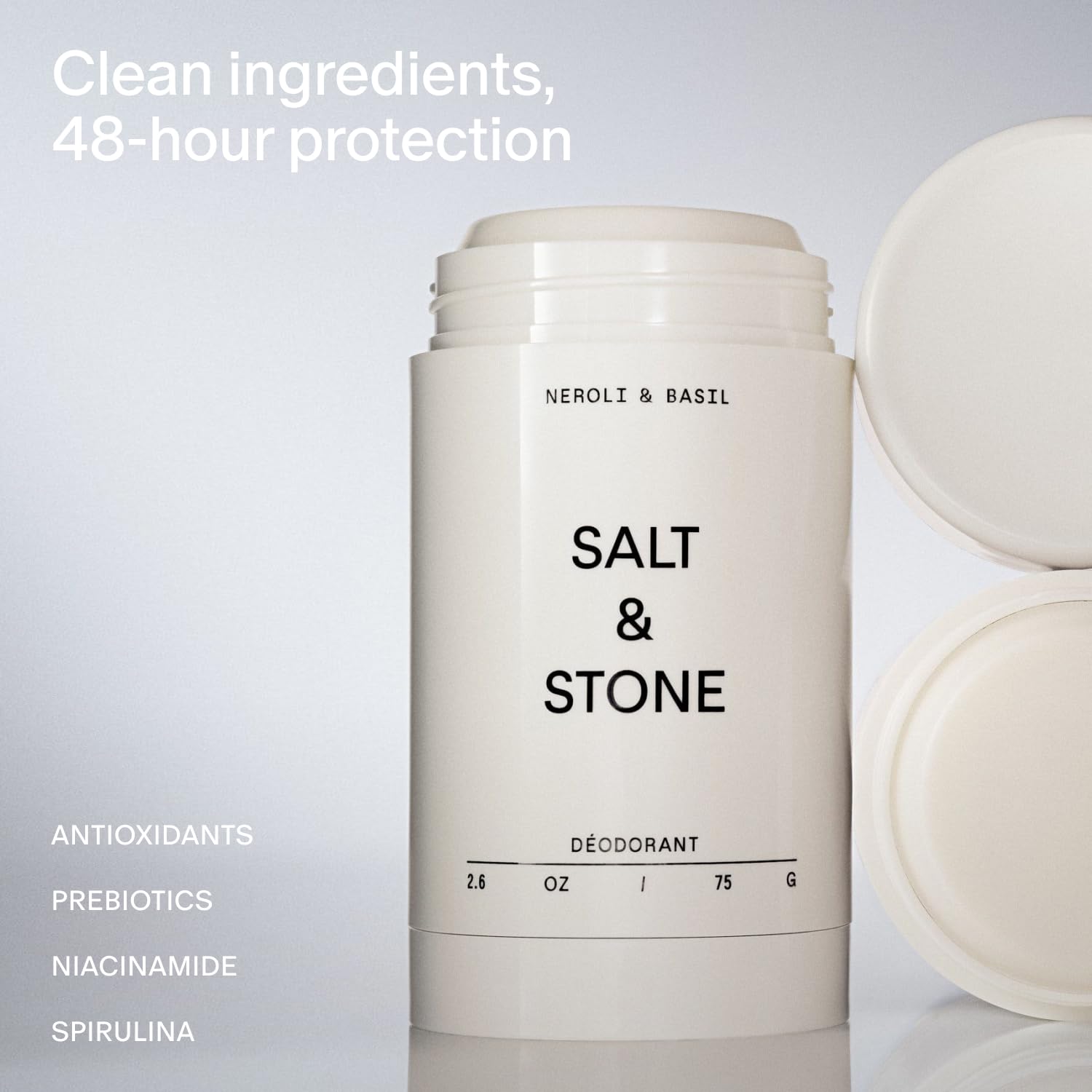 Salt & Stone desodorante sin aluminio, aplicación clara para el día.