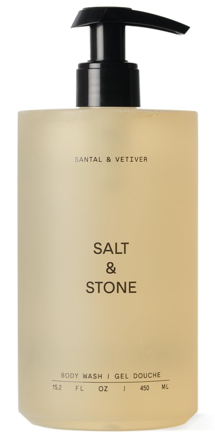 Salt & Stone gel de ducha Santal & Vetiver en botella, limpieza suave y aroma cálido.