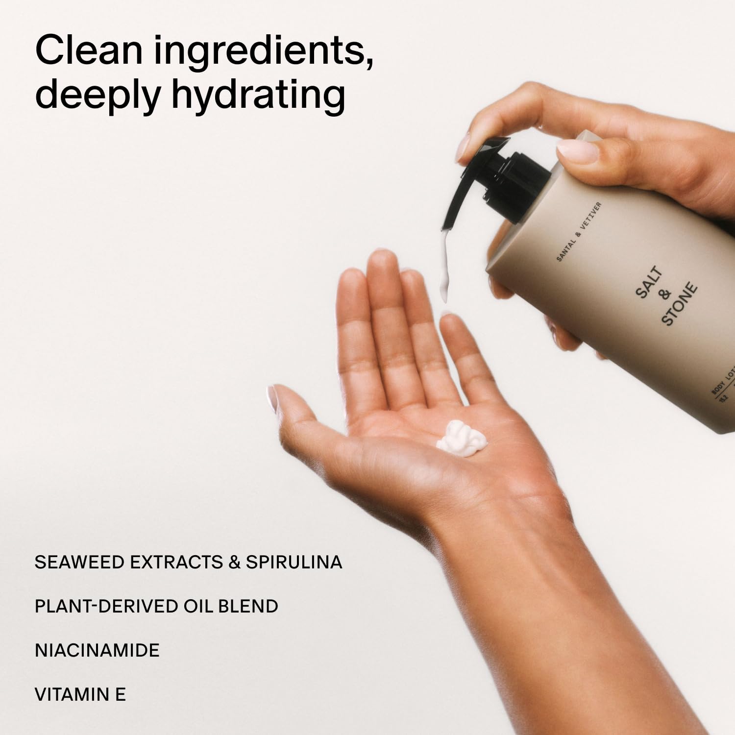 Salt & Stone Loción Corporal absorción rápida con textura sedosa para piel suave.