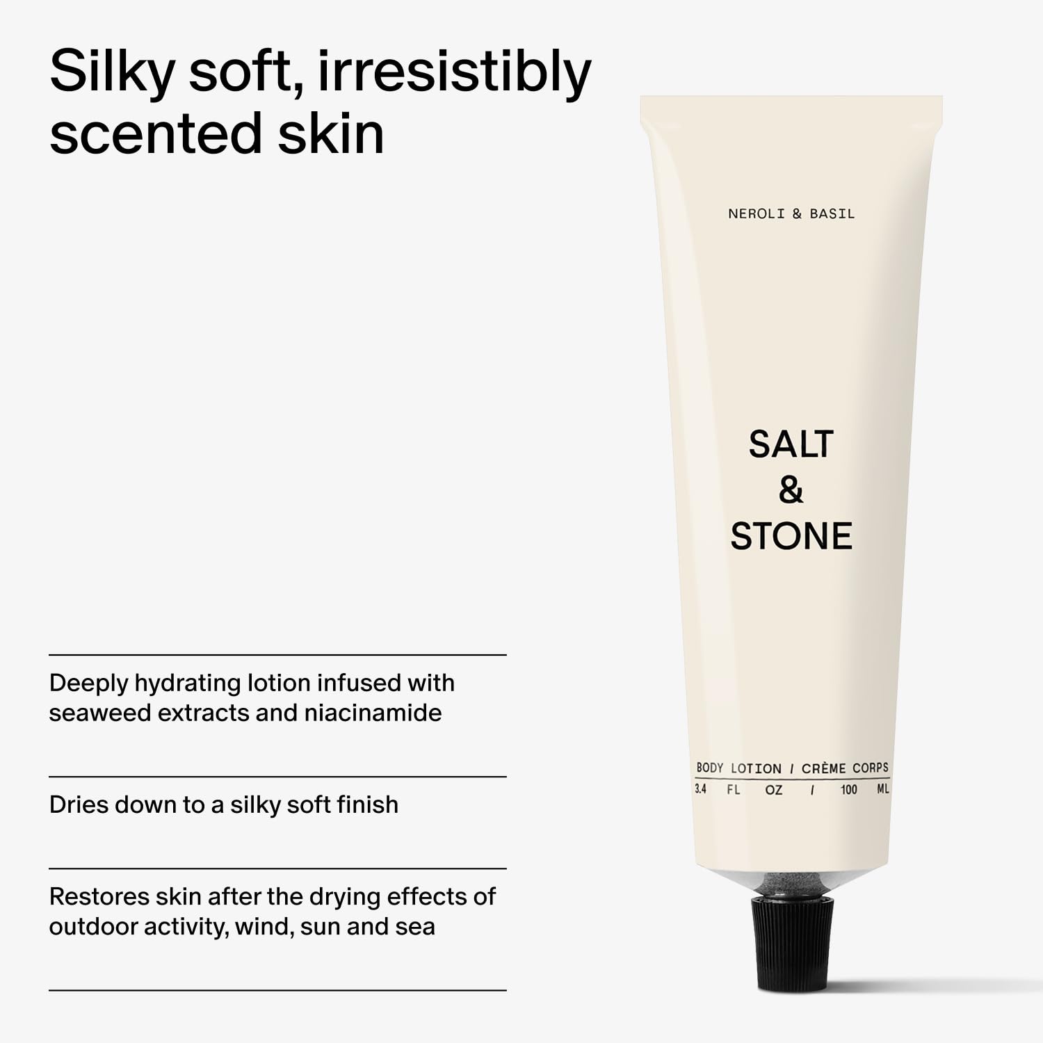 Texture veloutée et absorption rapide sans fini gras de Salt & Stone Lotion Neroli Basil.