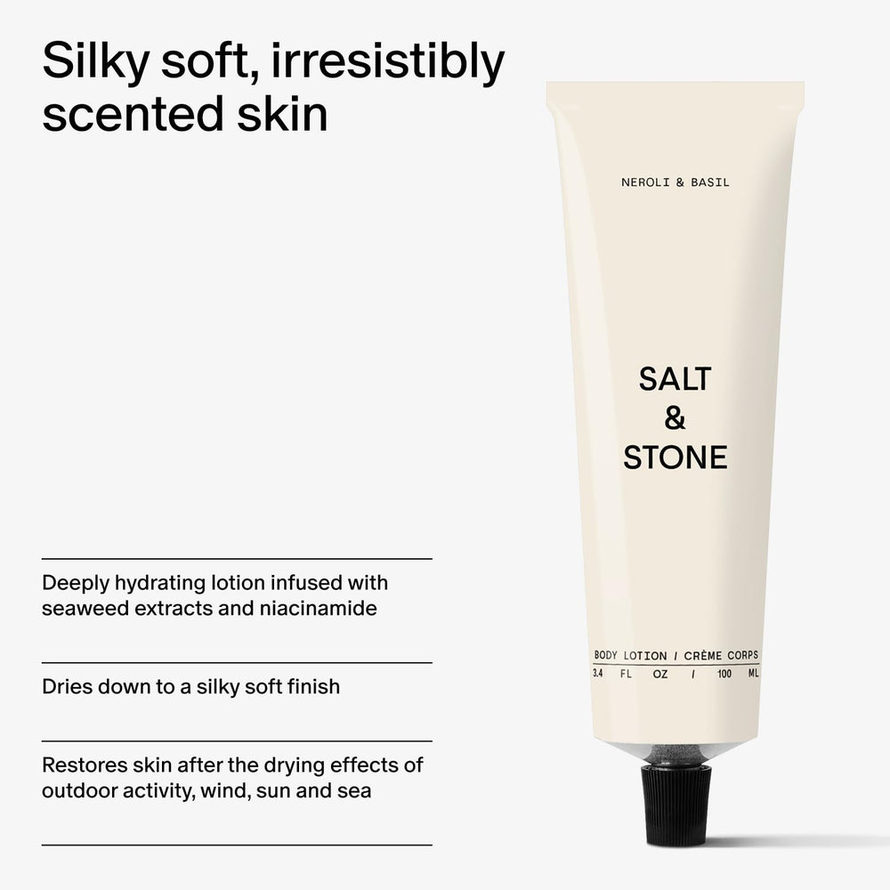 Texture veloutée et absorption rapide sans fini gras de Salt & Stone Lotion Neroli Basil.