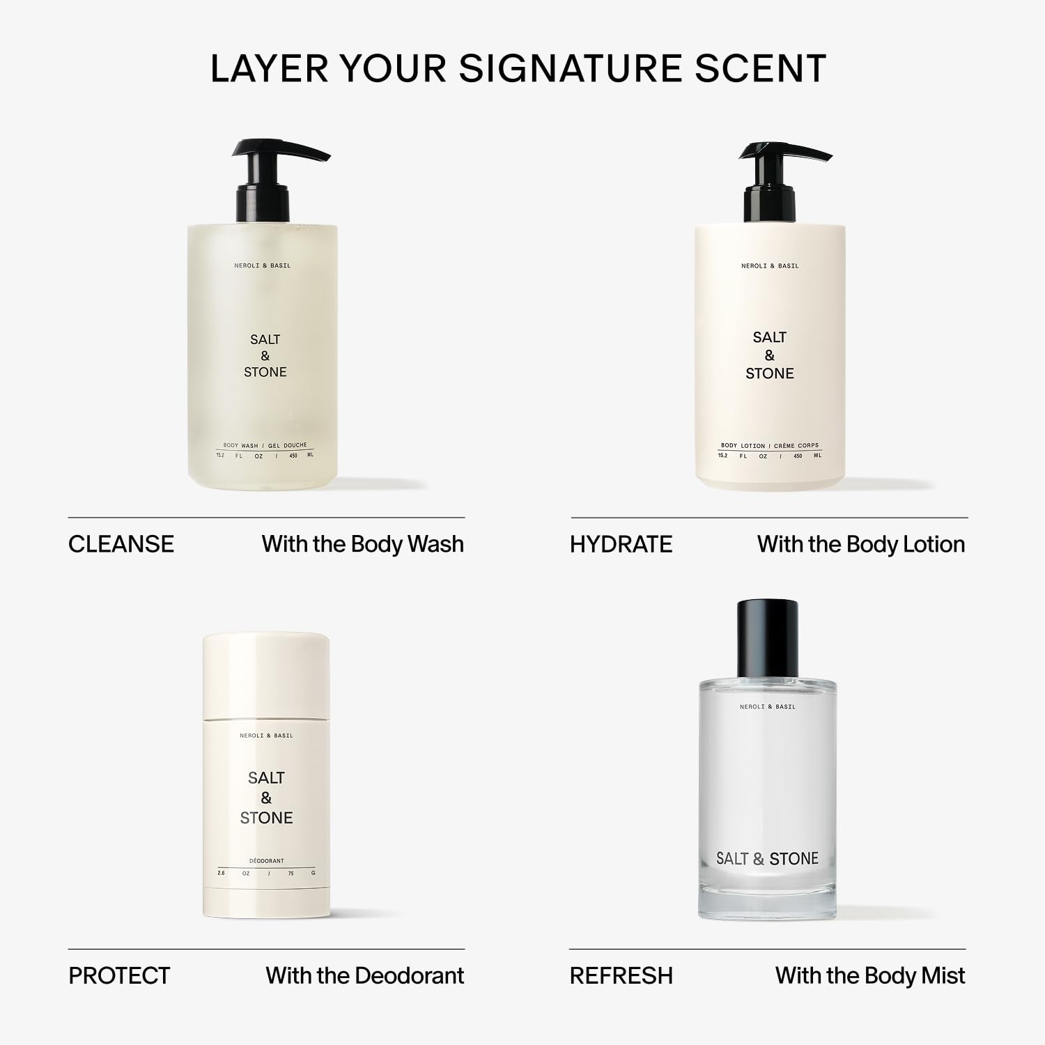 Format 100 ml pratique pour le voyage avec Salt & Stone Lotion Neroli Basil.