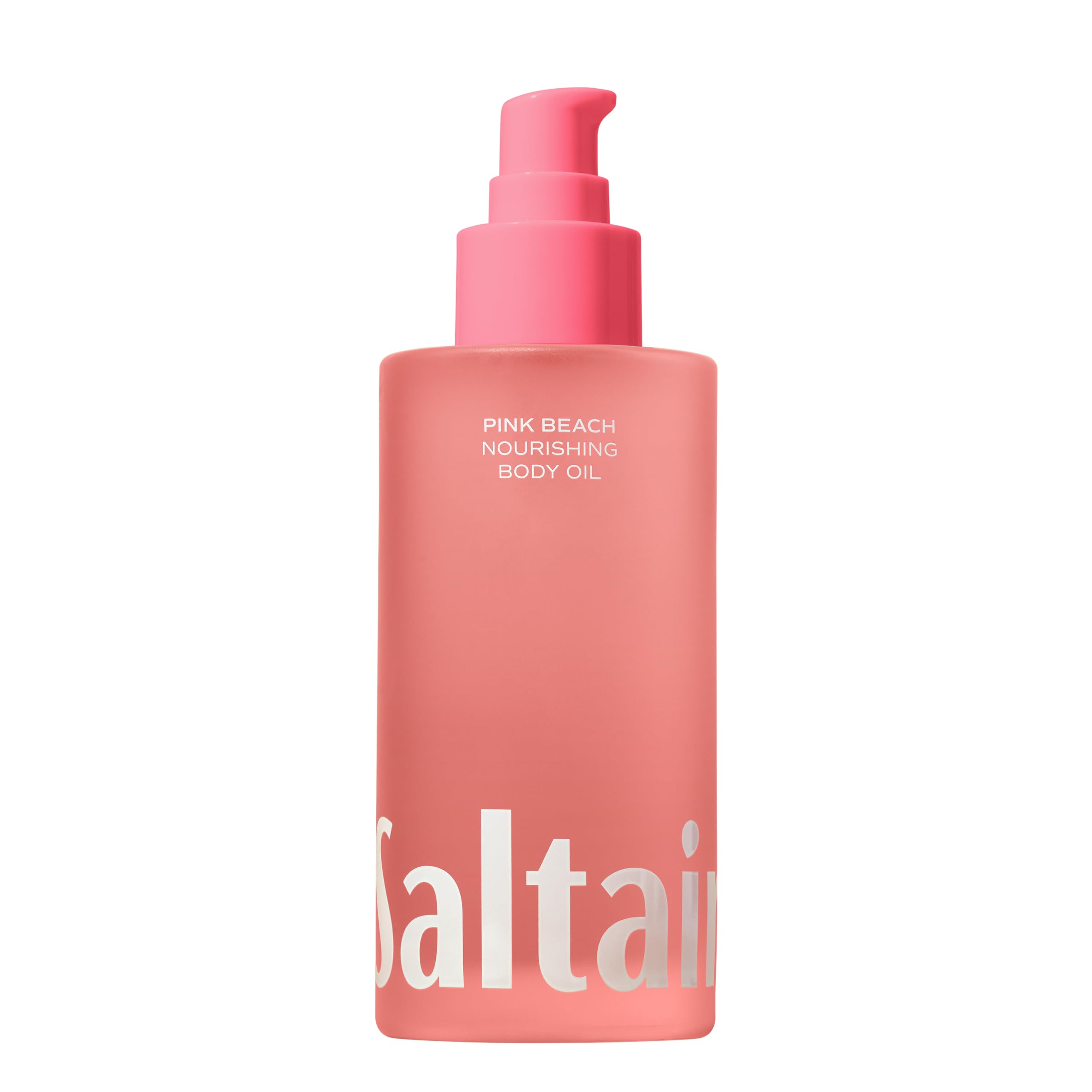 Saltair Aceite Corporal Rosa Playa en pompa, hidratación suave para piel seca.