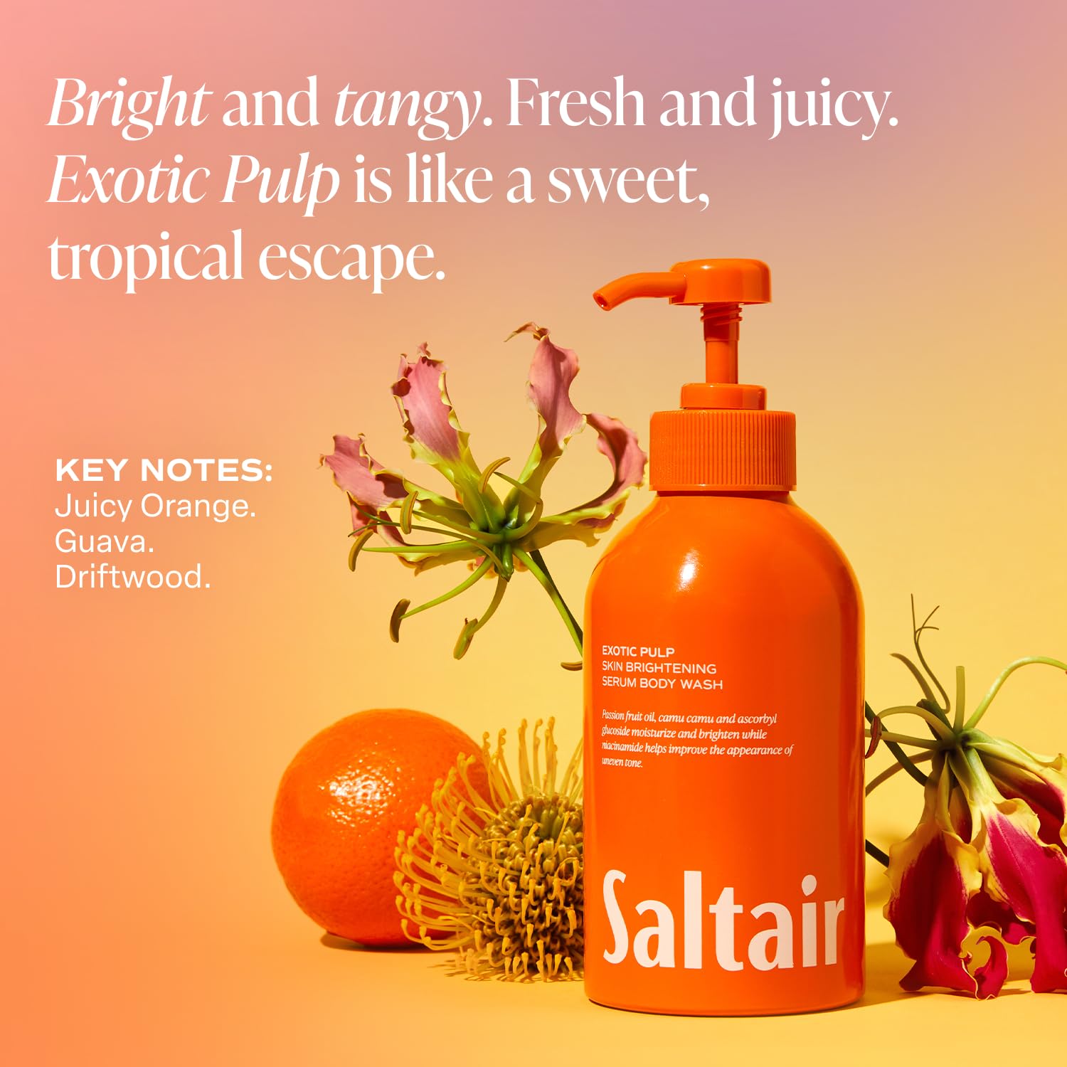 Saltair Exotic Pulp fragrance with orange, guava, passionfruit for vibrant shower.