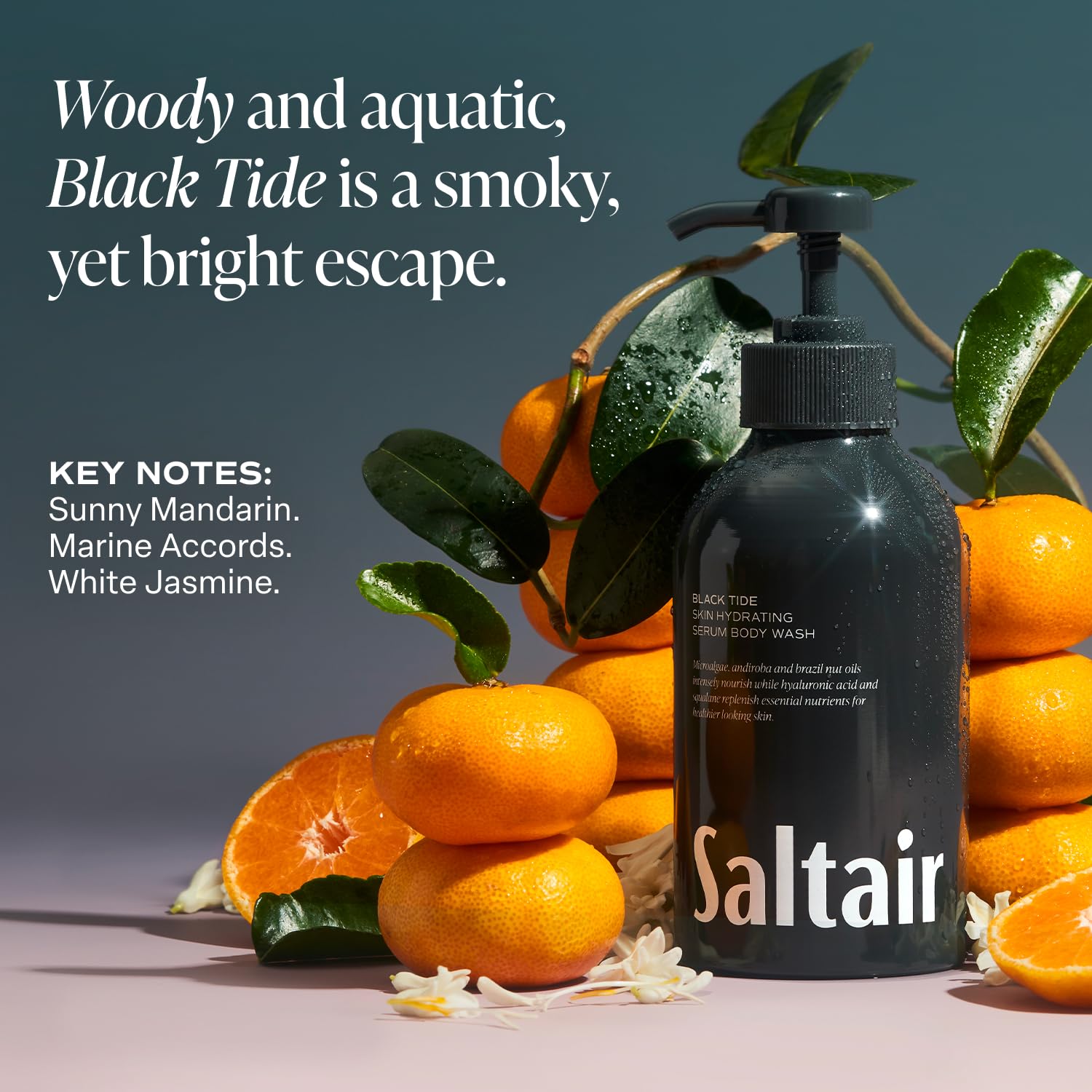 Saltair Black Tide resalta monoi, kukui y cupuaçu para la piel.