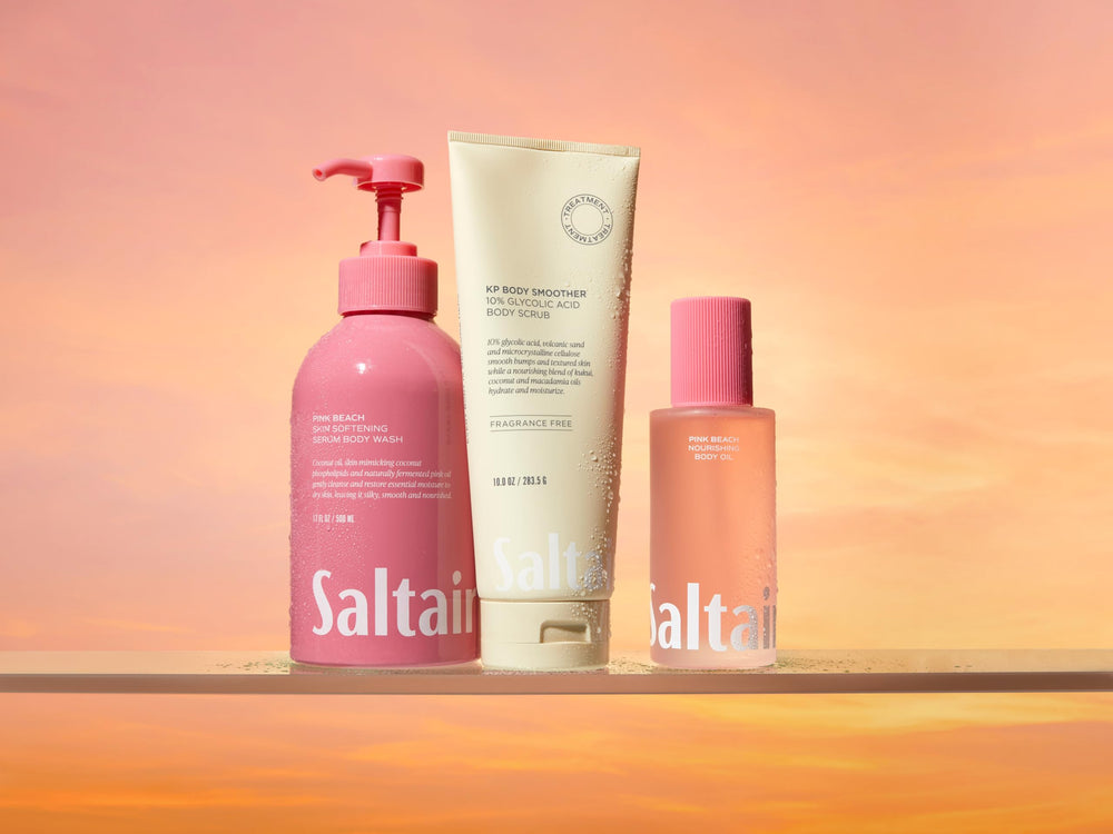 Saltair KP Body Scrub beside fresh skin for a spa-like smoothing routine.