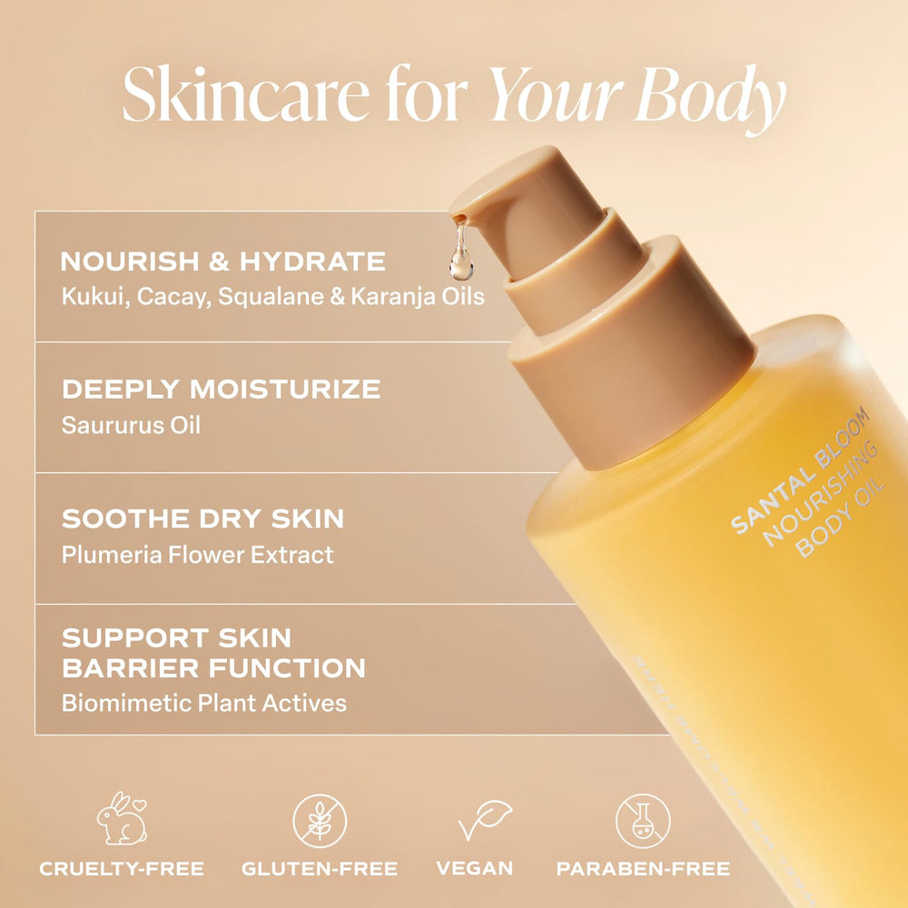 Saltair Santal Bloom ingredients kukui moringa squalane highlighted for nourishing care.