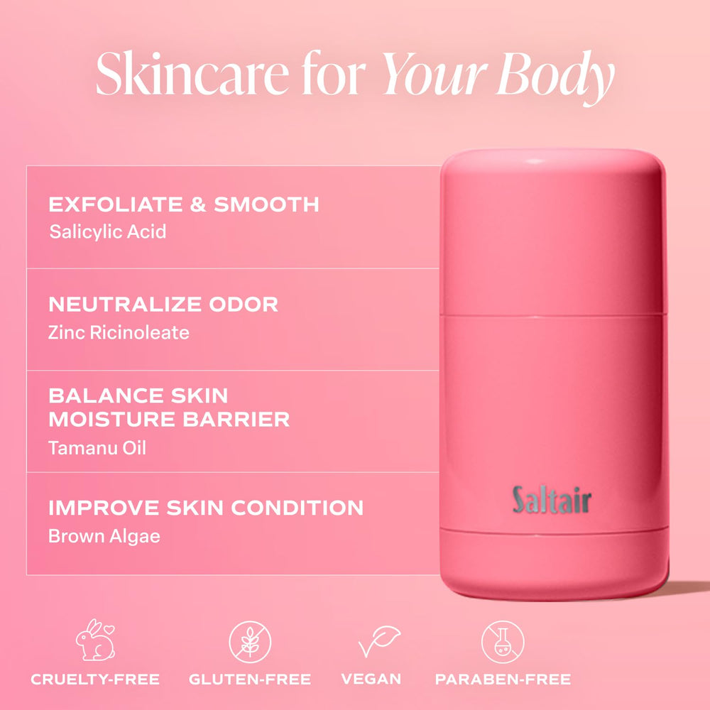 Desodorante Saltair Skincare sin manchas blancas, aplicación suave sin manchar la ropa.