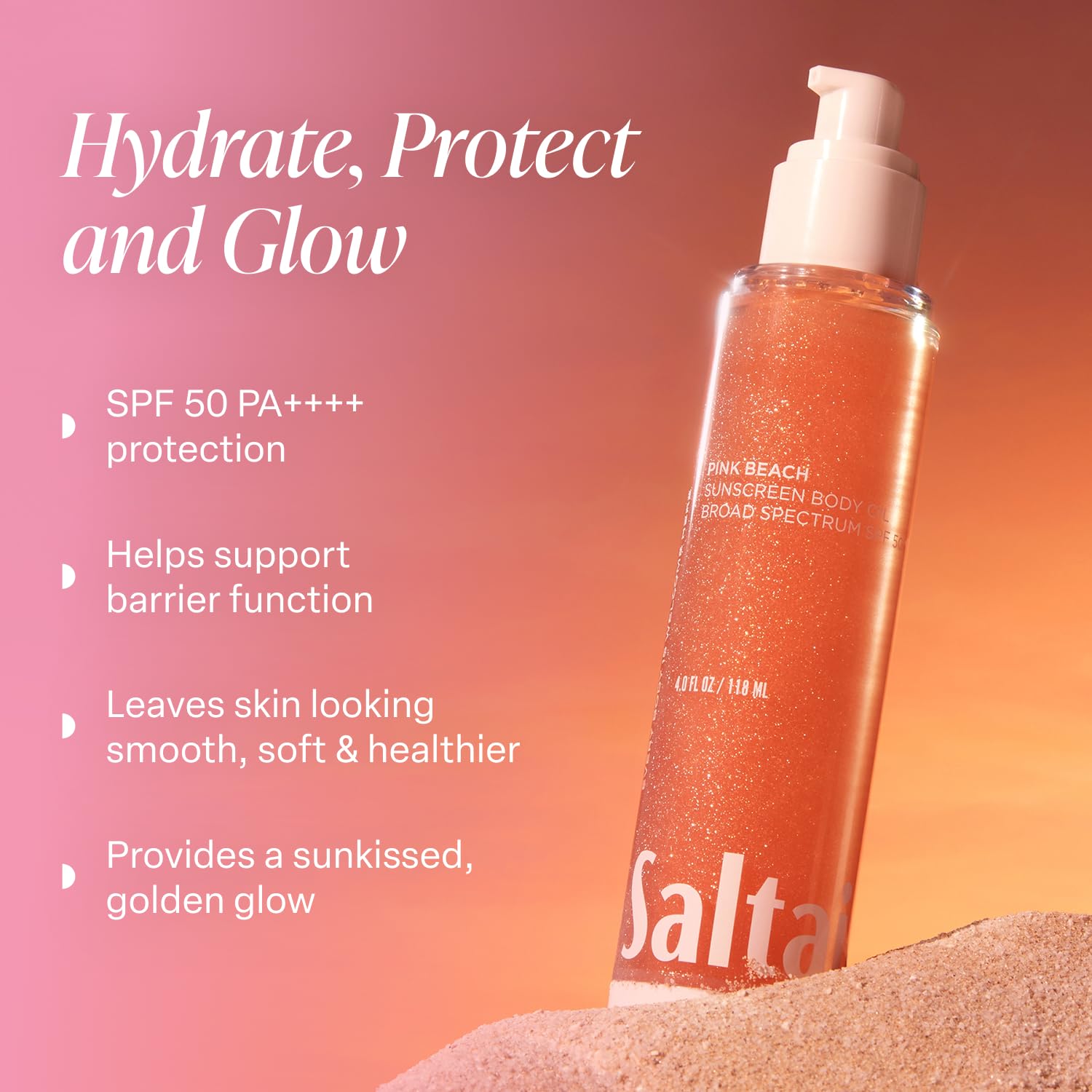 Saltair SPF Body Oil, fragancia Pink Beach para una sensación isleña agradable.