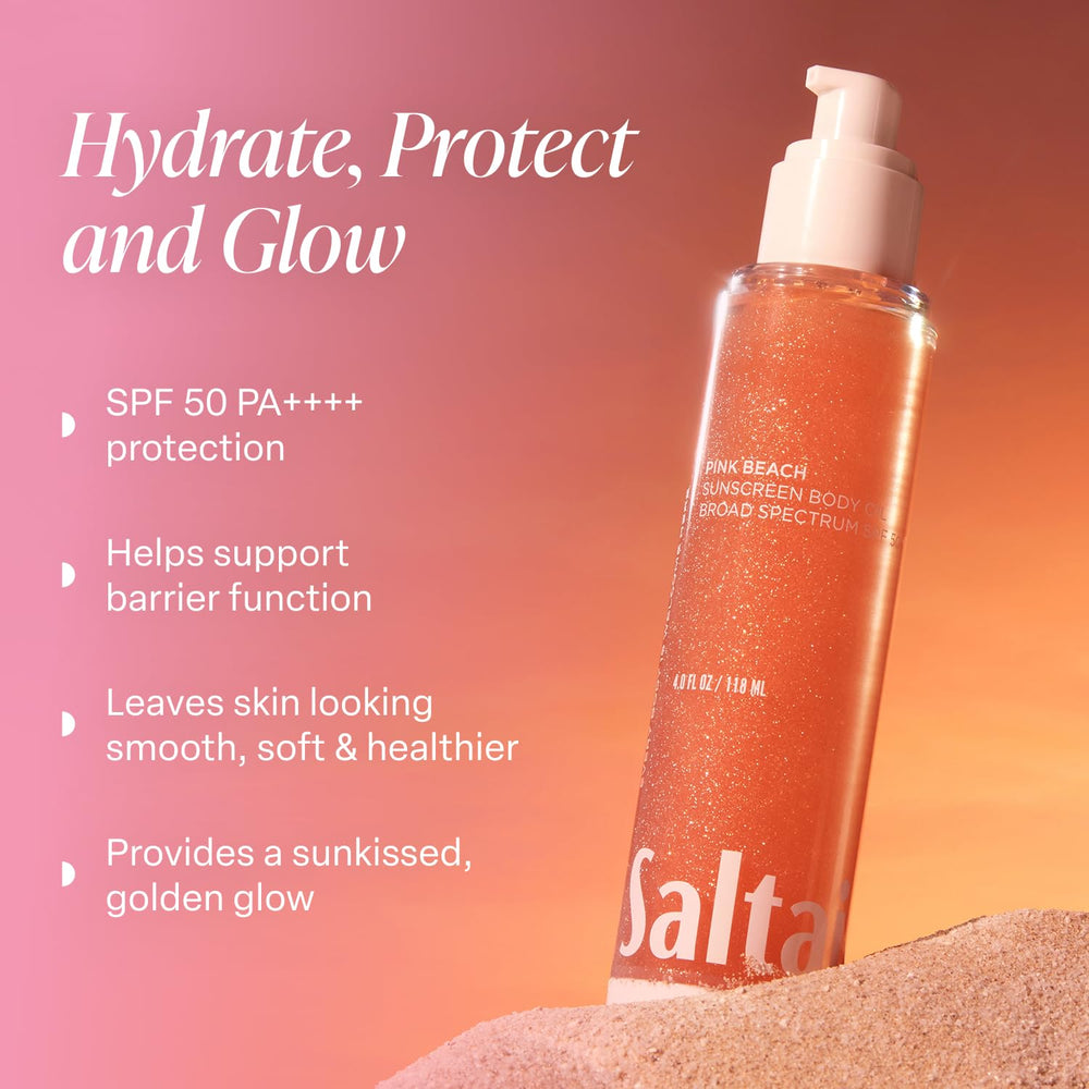 Saltair SPF Body Oil, fragancia Pink Beach para una sensación isleña agradable.