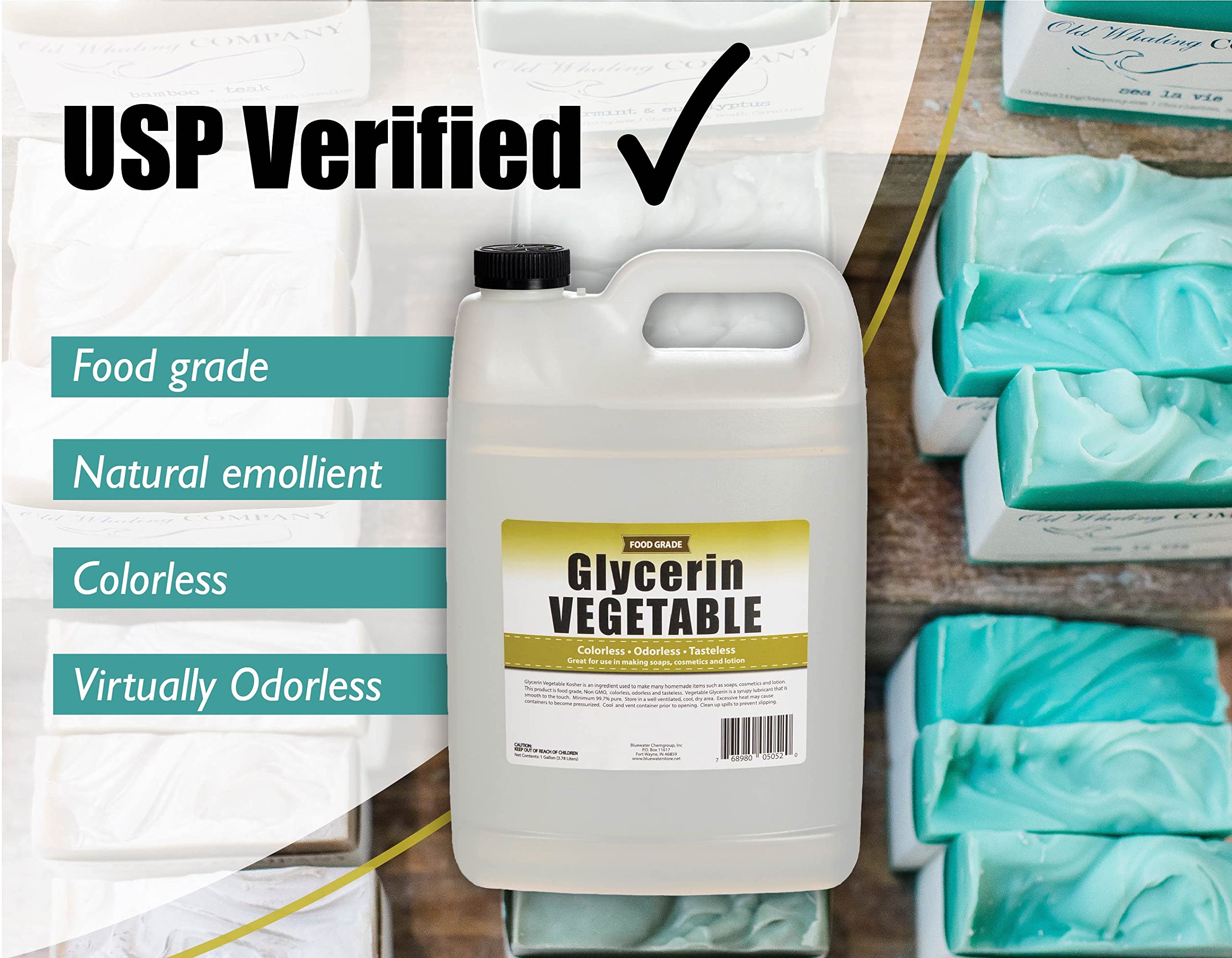 Sanco Industries glicerina vegetal 1gal, envase HDPE sin BPA, opción segura para jabones caseros.