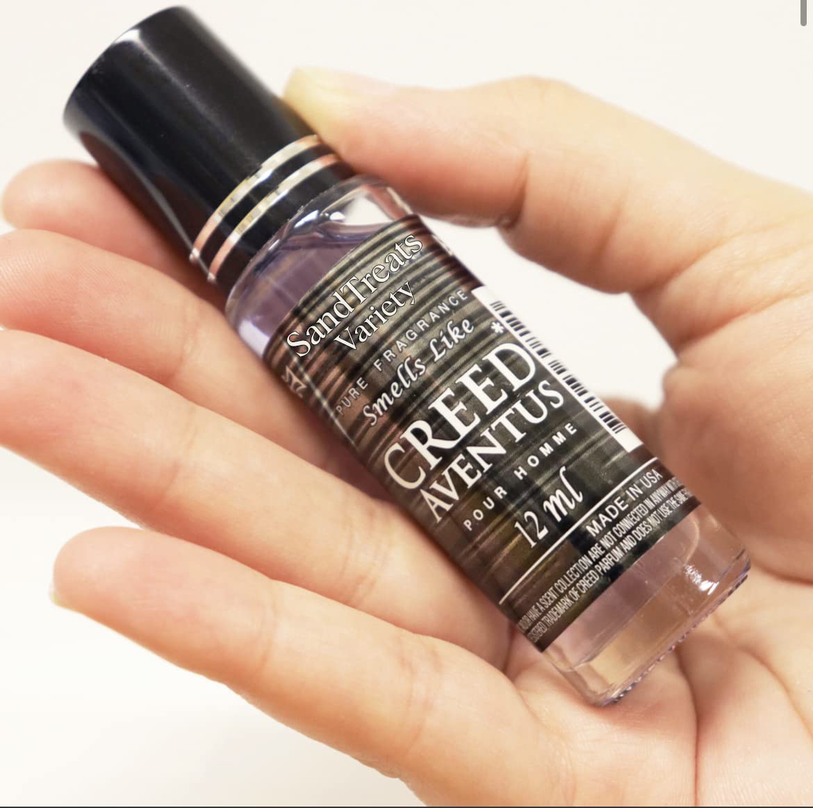 SandTreatsVariety Creed Aventus, primer-plano-botella-roll-on, toque sofisticado para reuniones.