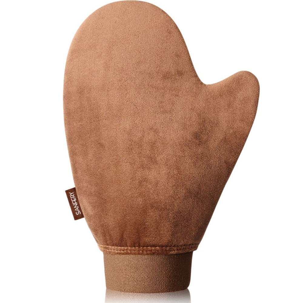 Guante Sanfery autobronceador marrón de terciopelo para una aplicación uniforme.