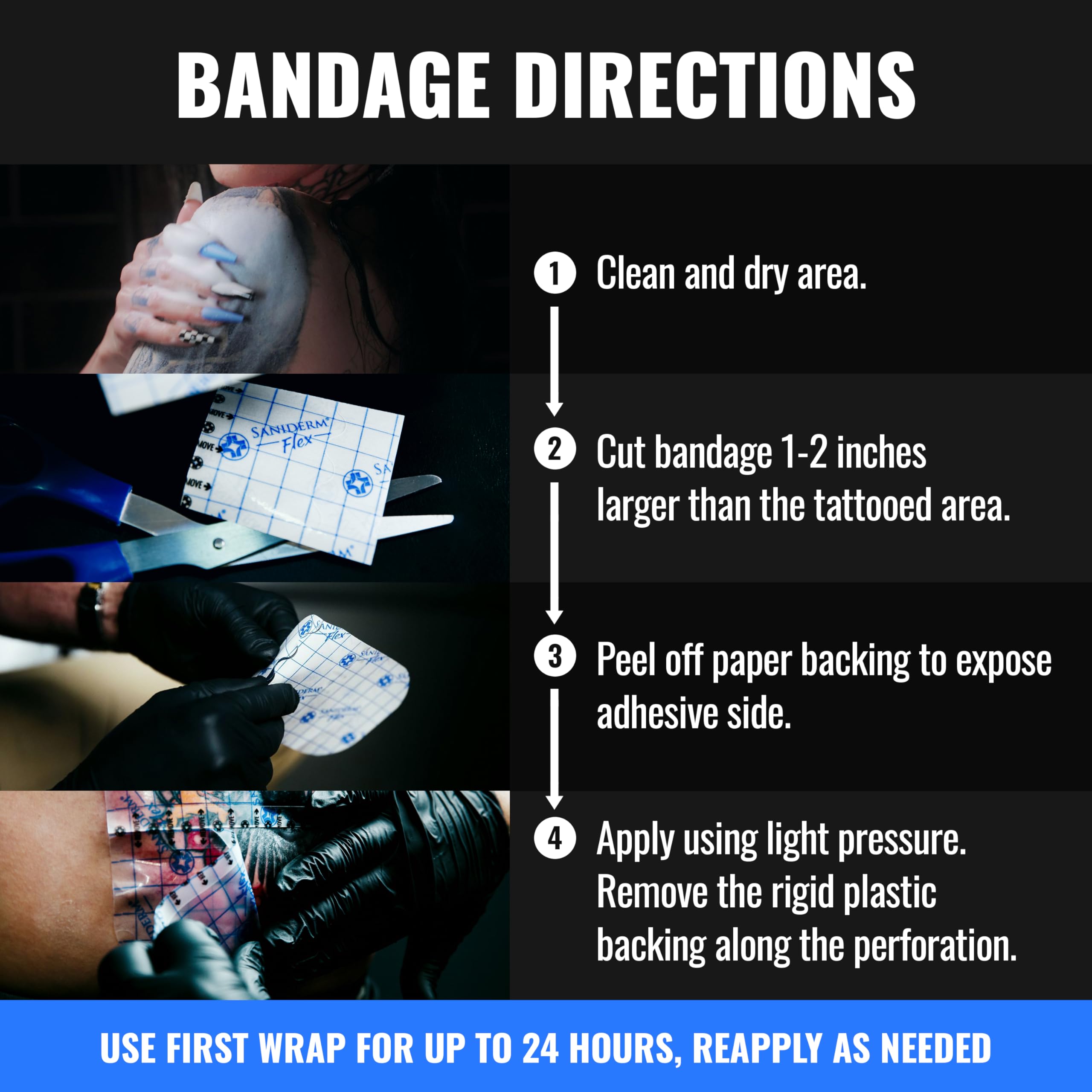 Saniderm Flex Bandage para zonas flexibles: se adapta a movimientos y tatuajes.