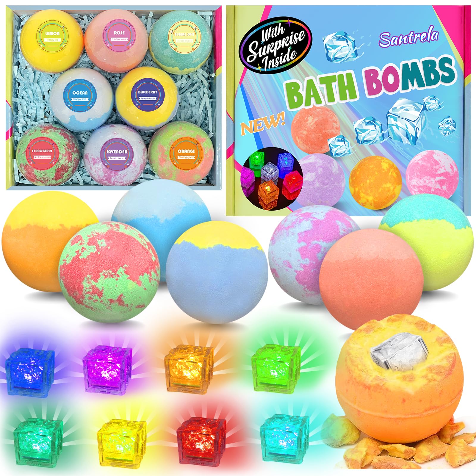 Santrela bombas de baño con juguete sorpresa iluminadas para niños, experiencia divertida