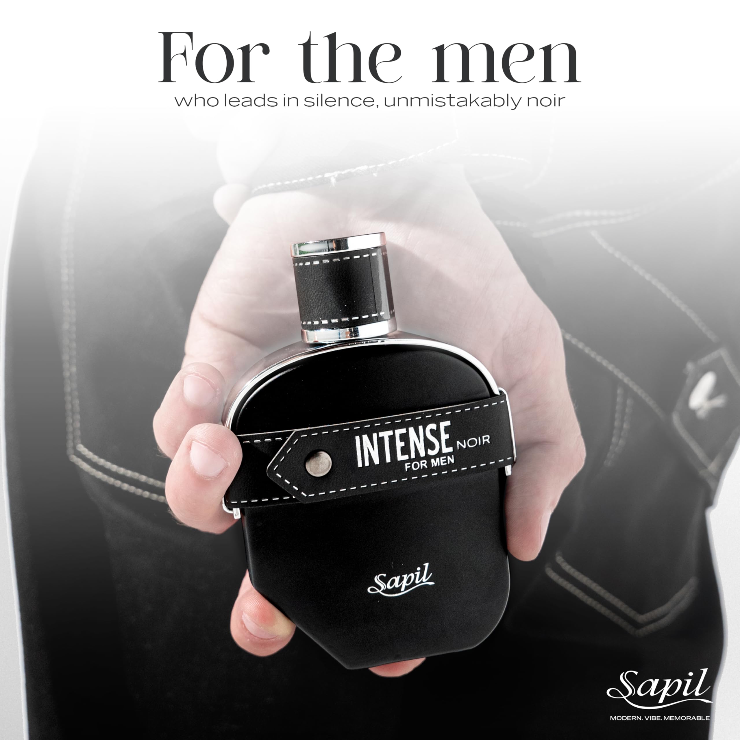 Botella Sapil Intense Noir en escena, perfecta para regalo o uso diario.