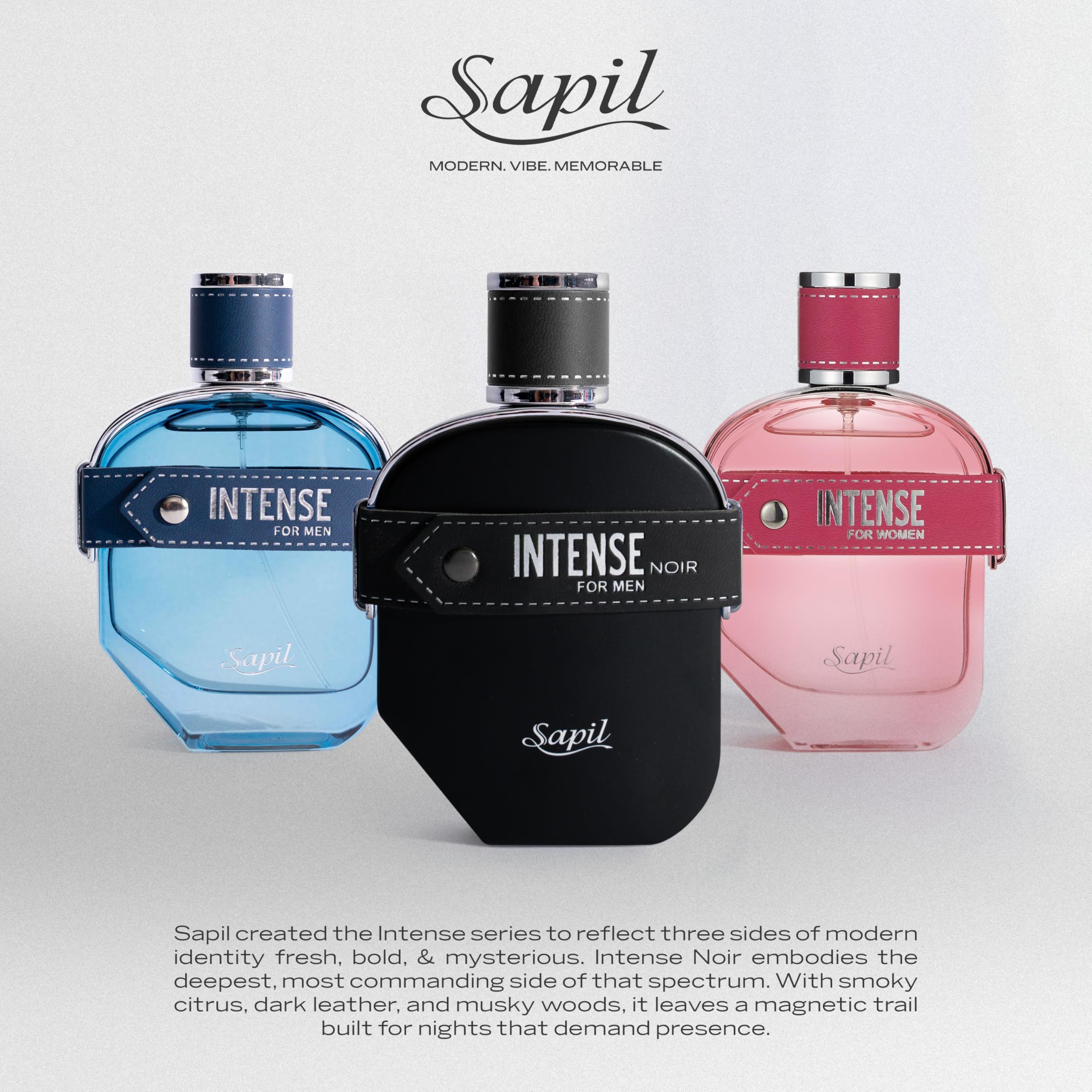 Envase lujoso de Sapil Intense Noir invita a descubrir notas cítricas y ambar.