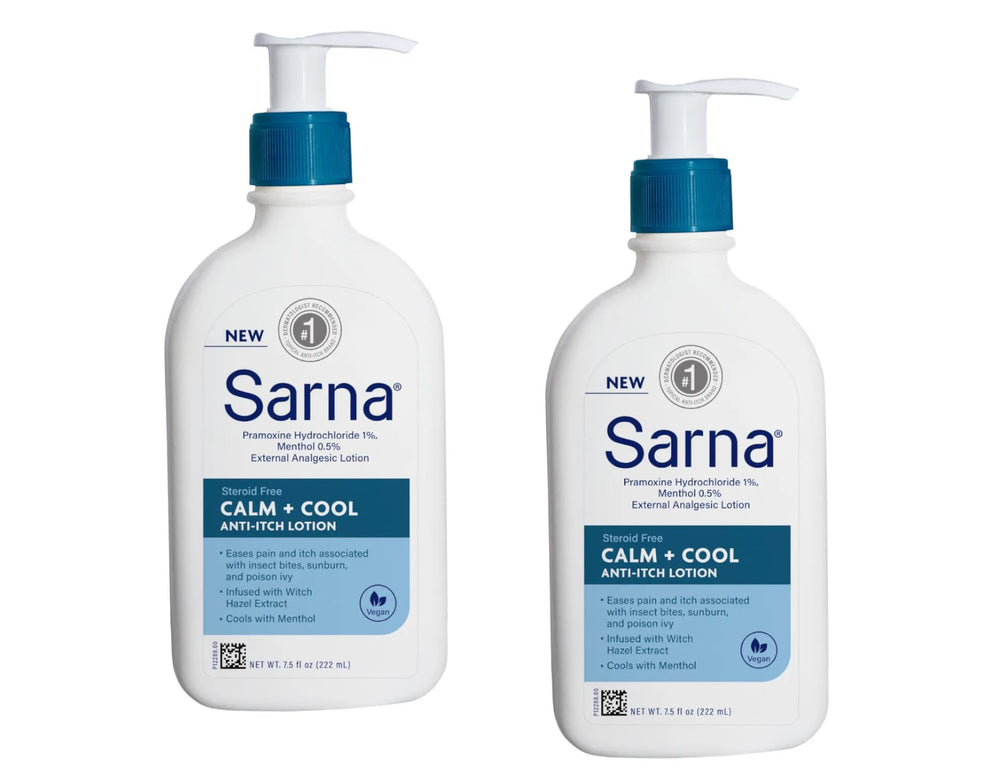 Sarna Calm + Cool: bouteille affichant 1% pramoxine et 0,5% menthol pour un apaisement rapide.