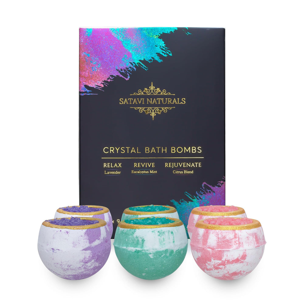 Satavi Naturals bombes bain cristal lavande, détente aromathérapique et peau douce.